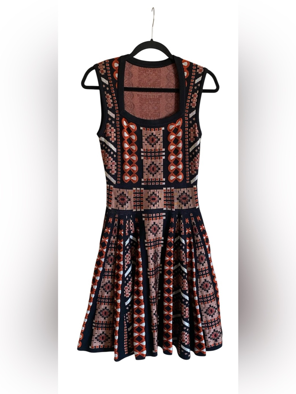 ALAIA PARIS Rosewood/black Mosaic Jacquard Knit Flared Made in Italy Dress 38